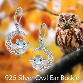 POPLYKE Owl Earrings 925 Sterling Silver Owl Leverback Dangle Earrings Cute Animal Jewellery for Women, Sterling Silver, Moonstone