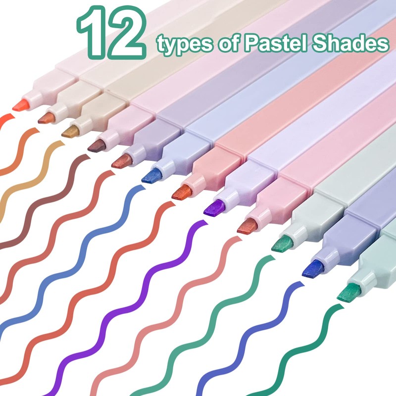 Fousenuk Pack of 12 Highlighters, Pastel Highlighters, 12 Colours, Marker