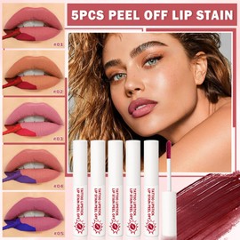 AWCCXMYM 5Pcs Lip Stain Peel Off Lip Tint Stain Matte High Pigment Longlasting Lightweight Peelable Lip Liner Stain for Natural Gloss All Day