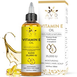 AVD ORGANICS Vitamin E Oil - 100% Pure & Natural, 35,000 IU | Premium Grade, Cold-Pressed and Tocopherol to Repair Dry, Damaged Skin| Moisturizing Skin, Hair and Scalp 4 Fl Oz