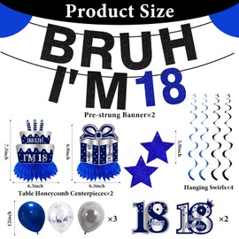 Kuxriox 11Pcs 18th Birthday Decorations for Boys Men, Blue Sliver Happy 18th Birthday Banner, Bruh I'm 18 Balloons Centerpieces Swirls Party Supplies, Eighteen Bday Banner Ceiling Table Topper Sign