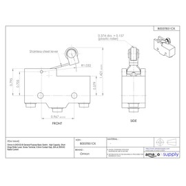 Omron A-20GV22-B General Purpose Basic Switch, High Capacity, Short Hinge Roller Lever, Screw Terminal, 0.5mm Contact Gap, 20A at 250VAC Rated Current