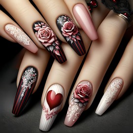 24Pcs Valentine's Day Press on Naila Ballet Shaped Rose Flower Love Heat Design French Tip Nails Press Ons Full Cover Coffin Nails Valentine's Acrylic Nails Artificial Long Stick on Nails for Women