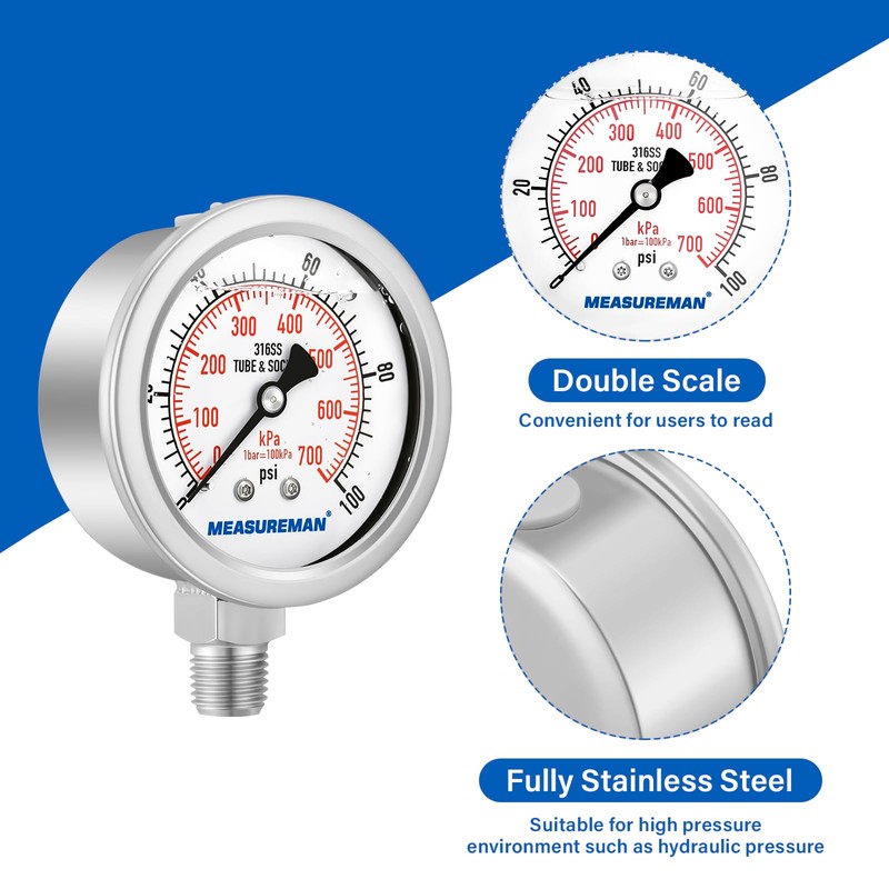 MEASUREMAN Fully Stainless Steel Hydraulic Glycerin Filled Pressure Gauge, 2-1/2"