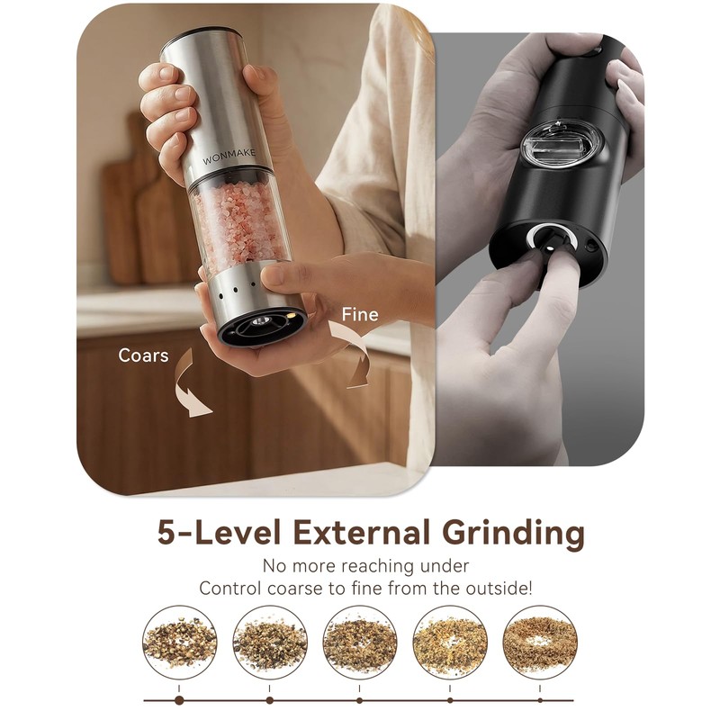 Rechargeable Salt and Pepper Grinder Set with Power-Storing Charging Base