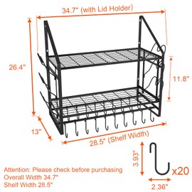 VyGrow 28 Inch Pot Rack Wall Mounted, 2 Tier Pots and Pans Organizer with 20 Hooks and 6 Pot Lid Holders, Heavy Duty Steel Pot and Pan Hanger for Kitchen Cookware Utensils Storage 34.7" Lx13 Wx26.4 H