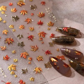 5D Embossed Jelly Maple Leaf Autumn Nail Art Sticker Gold-Stamped Autumn Leaf Nail Decal Fiery Red Maple Leaf Design Autumn Thanksgiving Sticker Women's Nail Art Decoration