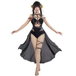 haikyuu Women Anime Derivative One Piece Swimsuit with Wrap Skirt and Headband Mesh Bathing Suit Halter Swimwear (as1, Alpha, l, Regular, Regular, Standard, Black)