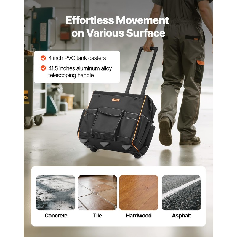 VEVOR 18" Rolling Tool Bag, 110lbs Load Capacity, 25Pockets Heavy