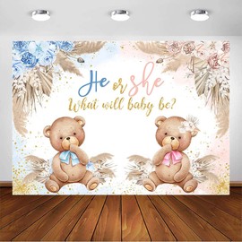 Avezano Boho Bear Backdrop Reveal His or Hers Party Decorations Bohemian Pampas Grass Pink or Blue for Party Photography Backdrop for Photo Booth (7x5ft)