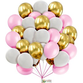Round Balloons 25 Pack 10 Inch White Gold & Pink Balloons for Birthday Party Decorations Balloons for Kids Party Baby Shower Engagement Wedding Party and Other Festivals.