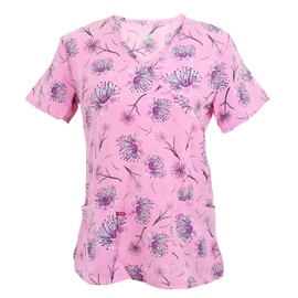 Green Town Women's Performance Stretch Mock Wrap Medical Scrub Tops, Pink Flowers, Large