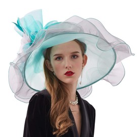 Women Organza Church Derby Hat Wide Brim Sun Hats for Wedding Tea Party Fascinator Hat with Detachable hat Flower as Headgear Green