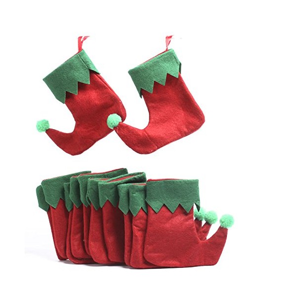Factory Direct Craft Set of 12 Christmas Holiday Red and Green Elf Stockings | Perfect for Holding Gift Cards and Small Gifts