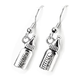 Baby Bottle - 17x7mm - Silver alloy charm dangle earrings. Hypoallergenic fishhooks, ball post or clip-on backing options