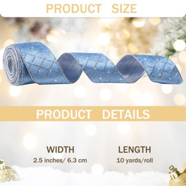 Harrycle 20 Yards Dusty Blue Christmas Velvet Ribbon Wired Metallic Diamond Glitter Grid 2.5 Inch Bow Ribbon for Christmas Tree Decoration Gift Wrapping Bow Making Wreaths Garland Craft Home Decor
