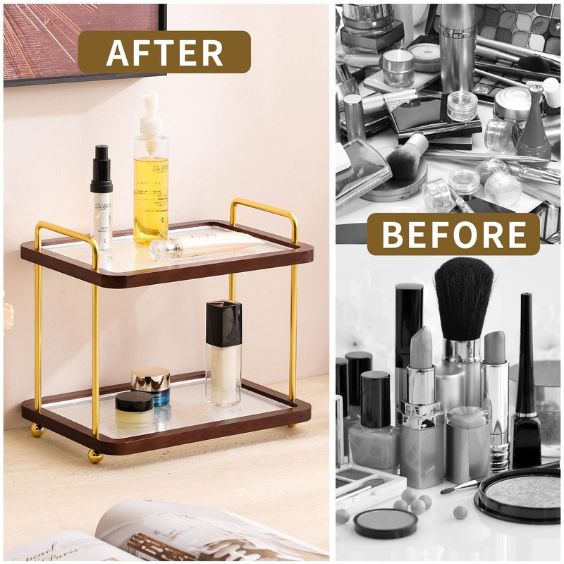 2-Tier Bathroom Counter Organizer with Transparent Stripe Acrylic Shelves, Brown