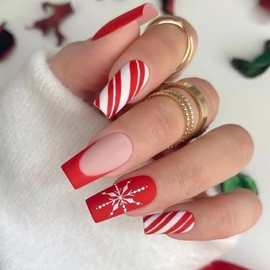 Christmas Press on Nails Fake Nails Medium Square Matte French Red White Striped Snowflake Designs Cute False Nails Full Cover Artificial Nails Reusable Stick on Nails Glue on Nails for Women 24Pcs