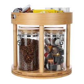 KKC HOME ACCENTS Airtight Glass Canisters with Lazy Susan for Kitchen Counter, Glass Kitchen Canister with Bamboo Sealed Lids Set of 4 for Coffee Beans, Loose Leaf Tea, Sugar, Flour - Style F