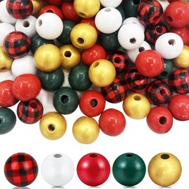 150 Pieces Christmas Wooden Beads 16mm Colorful Wood Beads Buffalo Rustic Farmhouse Wooden Beads for DIY Craft Bead Xmas Winter Garland Home Decor