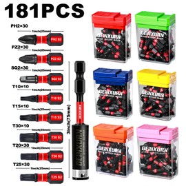 Geinxurn 181 Pieces Impact Screwdriver Bits Set with Colorful Boxes, 1" Magnetic (PH2,PZ2,SQ2,T10,T15,T20,T25,T30) S2 Steel Multi Driver Bits