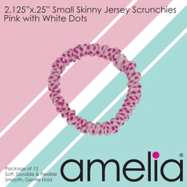 Amelia Beauty, White with Pink Dots Skinny Jersey Scrunchies, 2.125in Diameter, Gentle on Hair, Strong Hold, No Snag, No Dents or Creases. 12 Pack