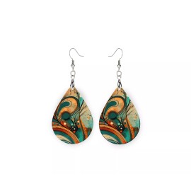 Twisted R Design Orange and Turquoise Abstract Print Wood Dangle Teardrop Print Earrings Jewelry