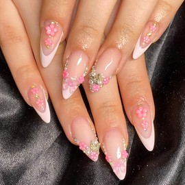 24Pcs 3D Flower Press on Nails Medium Almond French Tip Fake Nails with Gold Pink Bow Butterfly Rhinestones Design Handmade Full Cover Artificial Glue on Nails Spring Summer Stick on Nails for Women