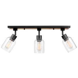 GLOBE Electric 59798 3-Light Track Lighting, Wood Toned and Matte Black Finish, 25 inch, Clear Glass Shades, Adjustable Heads, E26 Base, Dimmable, Rustic Modern Style