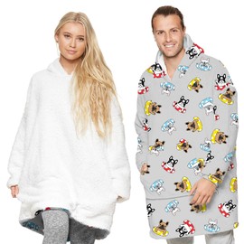 Geagodelia Oversized Hoodie Blanket Fluffy Fleece Blanket Hoodie for Men Women Kids Hooded Blanket with Big Front Pocket Family Matching (7-12 Years, Grey - Dogs)