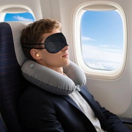 AffeGifts Neck Pillow Aeroplane Inflatable Double Sided Press Neck Pillow Travel with Eye Mask and Ear Plugs Compact Travel Neck Pillow Neck Pillow for Train, Car, Office, Camping Sleeping (Grey)