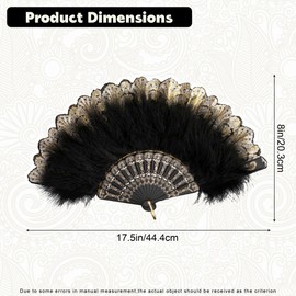 MEUTL Black Feather Fan, 8in Wide Folding Handheld Fan, Gold Embroidered Marabou Feather Fan Vintage 1920s Marabou Dance Accessory for Gatsby Party, Summer Events, Costume, Dance, Bridal Events