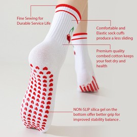 2 Pairs Cherry Cute Grippy Socks, Non-Slip, Pilates Grip Socks for Women Yoga Grippy Ruffle Cuff Embroidery Pattern Workout Ballet