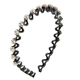 deladola Crystal Rhinestone Wave Headband, Black Teeth Design with Pearl Accents, Hair Accessory for Women