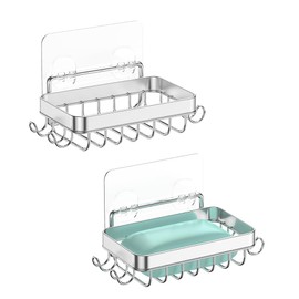 2 Pack Shower Wall Soap Dish Holder: Wall Mounted Draining Soap Saver for Bathroom Tile - Rectangle Bar Soapdish with Perforation - Replacement for Suction Soapholder - Double