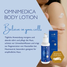 OMNIMEDICA Body Lotion – Regenerierende, hautneutrale Körperlotion gegen Pigmentflecken & Altersflecken – mit OM24® – für empfindliche Haut bei Damen, Herren & Kindern – vegan & Swiss Made