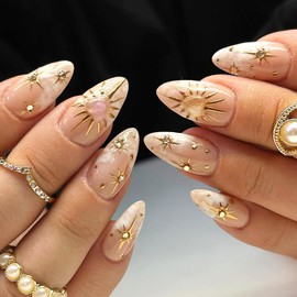 24Pcs Gold Star Press on Nails Heart Fake Nails with Rhinestones Design Glue on Nails Glossy Acrylic False Nails Spring Summer Medium Almond Stick on Nails for Coquette Women Girls
