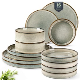 GBHOME Ceramic Dinnerware Sets With Double Bowl for 4, 16 Pieces Stoneware Plates and Bowls Set, Reactive Glaze Dishes -Scratch Resistant, Dishwasher&Microwave Safe-Green Wheat