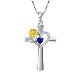 Veshon Sunflower Cross Necklace with Sapphire Heart Birthstone 925 Sterling Silver Sunflower Love Heart Pendant Necklace for Women Faith Jewelry Birthday Gifts for Women Girlfriend Wife Daughter Her