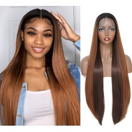 SOKU Lace Front Wigs Synthetic Pre Picked with Baby Hair 32 Inches Long Straight Brown Ombre Medium Wig Lace Transparent for Women Heat Resistant