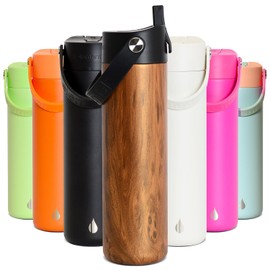 Elemental Core Stainless Steel Water Bottle with Straw - 24 oz Leak Proof Double Wall Insulated Water Bottles for Travel, Sports and Gym - Reusable Bottle with Straws - Teak Wood