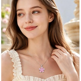 VONSSY Pink Cherry Blossom Necklace Earrings Cubic Zircon Crystal Flower Flora Sakura Pendant 18k Gold Plated Chain Silver Post Stud Jewelry Set Gift for Woman Wife Girlfriend Mom