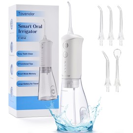 TOVENDOR Water Dental Flosser, Rechargeable Dental Oral Irrigator - 3 Modes, 5 Tips for Teeth Cleaning, Family Oral Health, Portable 300ML Large Water Tank Water Flosser, IPX7 Waterproof (White)