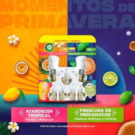 Air Wick Aromatizante de Ambiente Continuo, Mango y Maracuyá + Maderas y Cítricos, 2 difusores eléctricos + 7 repuestos de 25 ml c/u