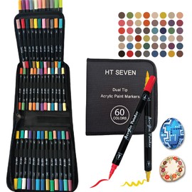 HT SEVEN Dual Tip Acrylic Paint Markers Set (60) - Professional Art Drawing Markers Brush & Fine Tip | Waterproof Paint Pens for Rock Painting, Wood & Book Coloring, Canvas Calligraphy, DIY Crafts