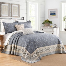CozyStitch Floral Bedspread 128"x120" California King Bedspread, 100% Cotton XL Oversized King Quilt with 2 Pillowshams, Lightweight Botanical Quilted Bedspreads Coverlet Set, Blue/Gray/Beige, 3 Pcs