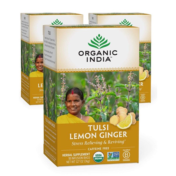 Organic India Tulsi Lemon Ginger Herbal Tea - Stress Relieving & Reviving, Immune Support, Aids Digestion, Vegan, USDA Certified Organic, Non-GMO, Caffeine-Free - 18 Infusion Bags, 3 Pack