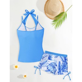 Happy Cherry Girls' Halter Neck Padded Swimwear Two-Piece Adjustable Straps Bathing Suit Trendy Drawstring Tank Tops with Swim Shorts Tankini Set Summer Tropical Print Swimsuit Blue 9-10 Years