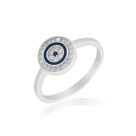 My Daily Styles 925 Sterling Silver White Clear CZ Blue Enamel Evil Eye Protection Ring Band - Size 7
