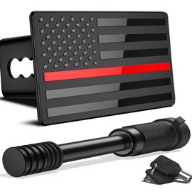 OGYE 2 Inch Trailer Hitch Cover with American Flag, Heavy Metal Trailer Hitch Cover Fit for 2 Inch Hitch Receivers (with 5/8" Pin Dia Anti-Theft Trailer Hitch Lock),3 * 5" Black&Thin Red Line